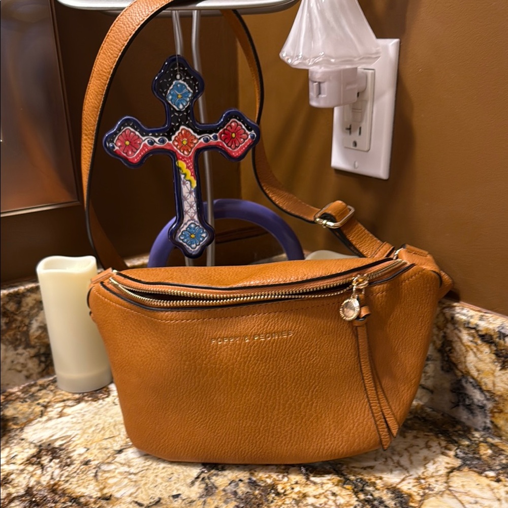 Poppy &  Peonies Tan Leather Crossbody Bag